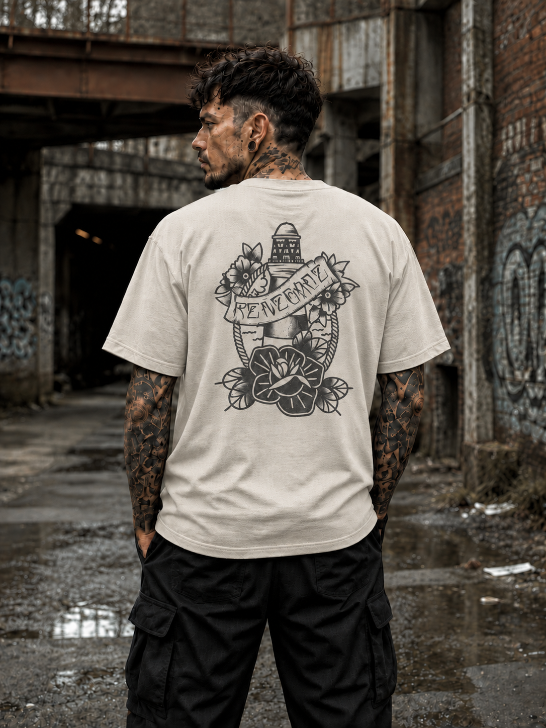 Lighthouse tattoo-inspired graphic tee shown from the back by Original Renegade