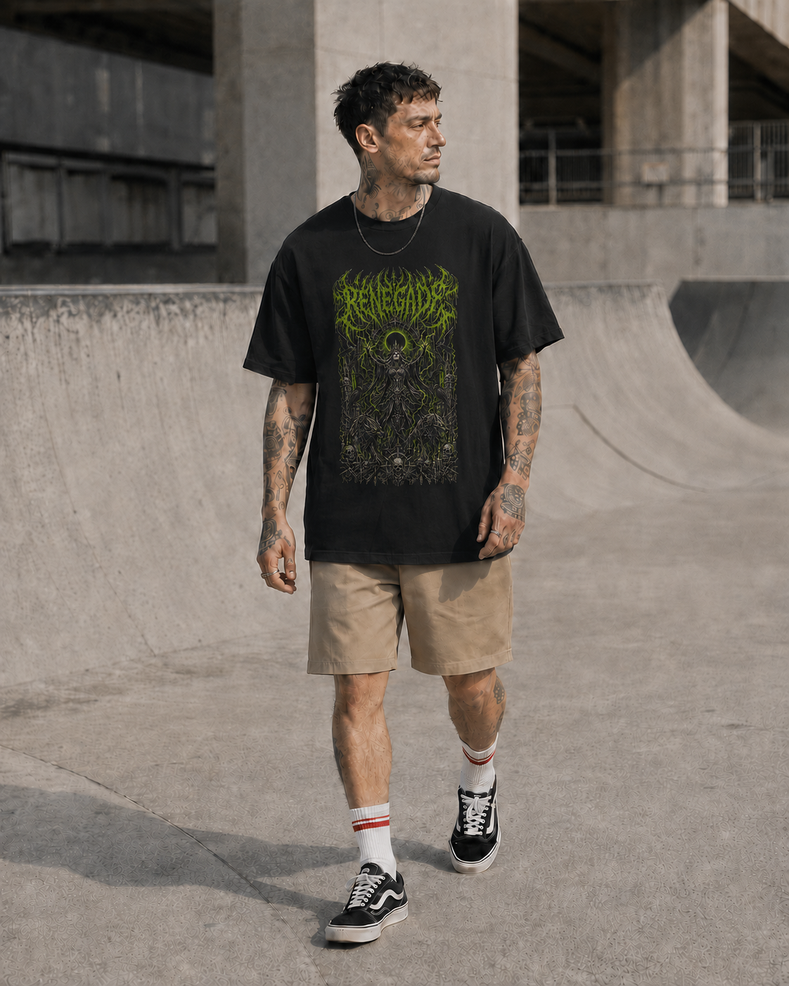 Gothcore Cathedral graphic tee front model shot with smaller A3-sized acid green print - Original Renegade