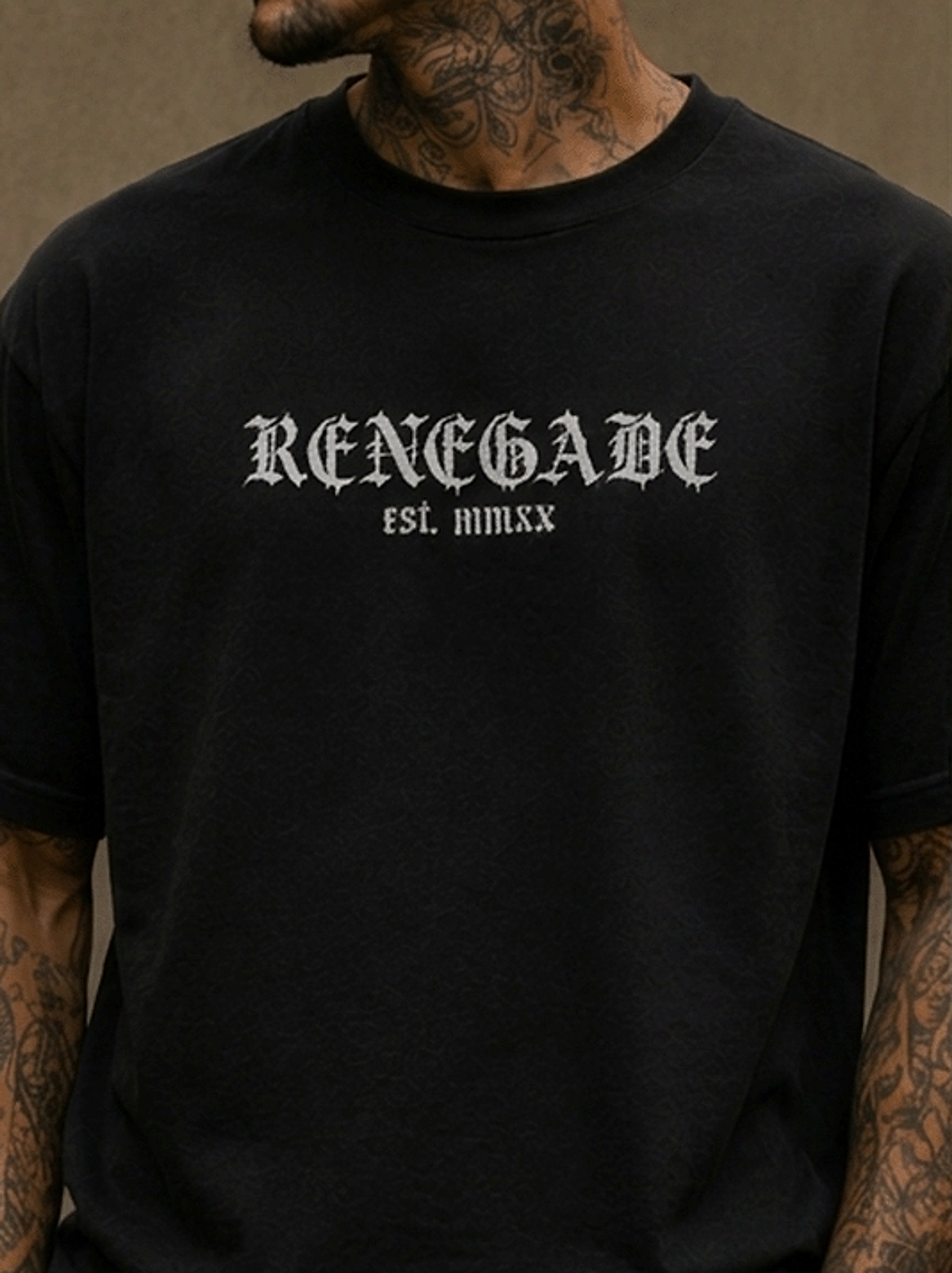 Close-up front view of black Renegade gothic logo T-shirt on male model