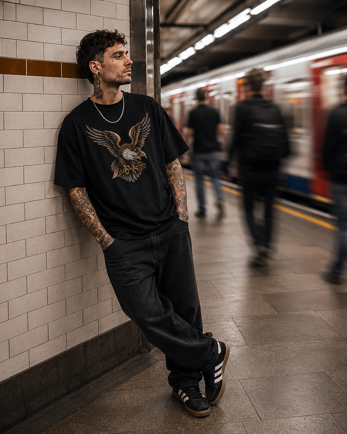 Old School Eagle tattoo-inspired graphic tee styled in an underground station
