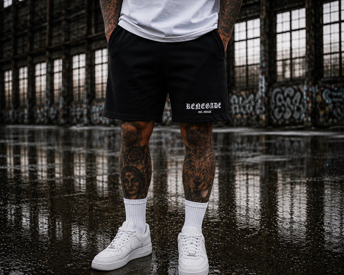 Black Original Renegade streetwear shorts with white gothic leg print