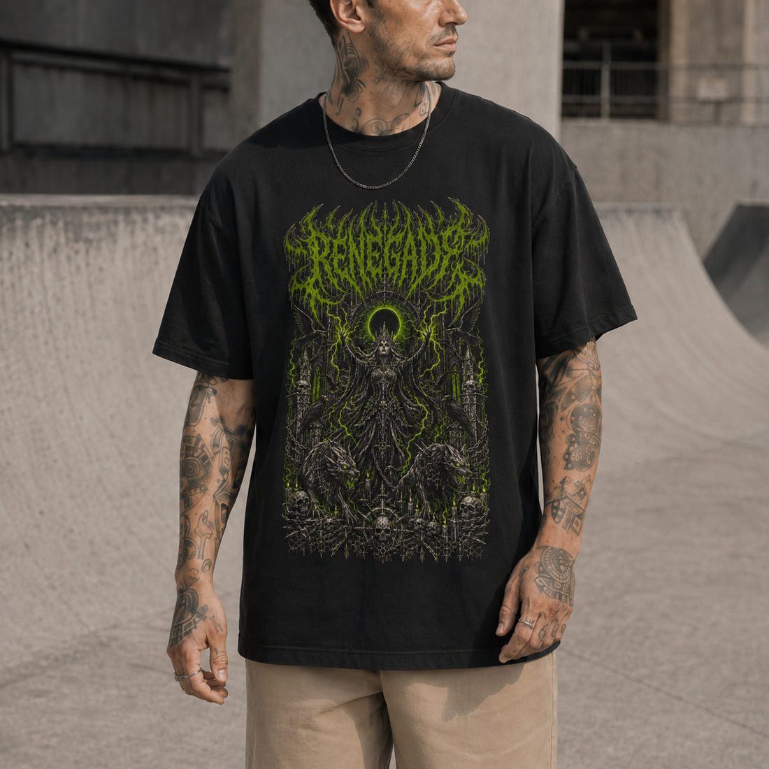 Gothcore cathedral graphic tee with acid green print — Original Renegade