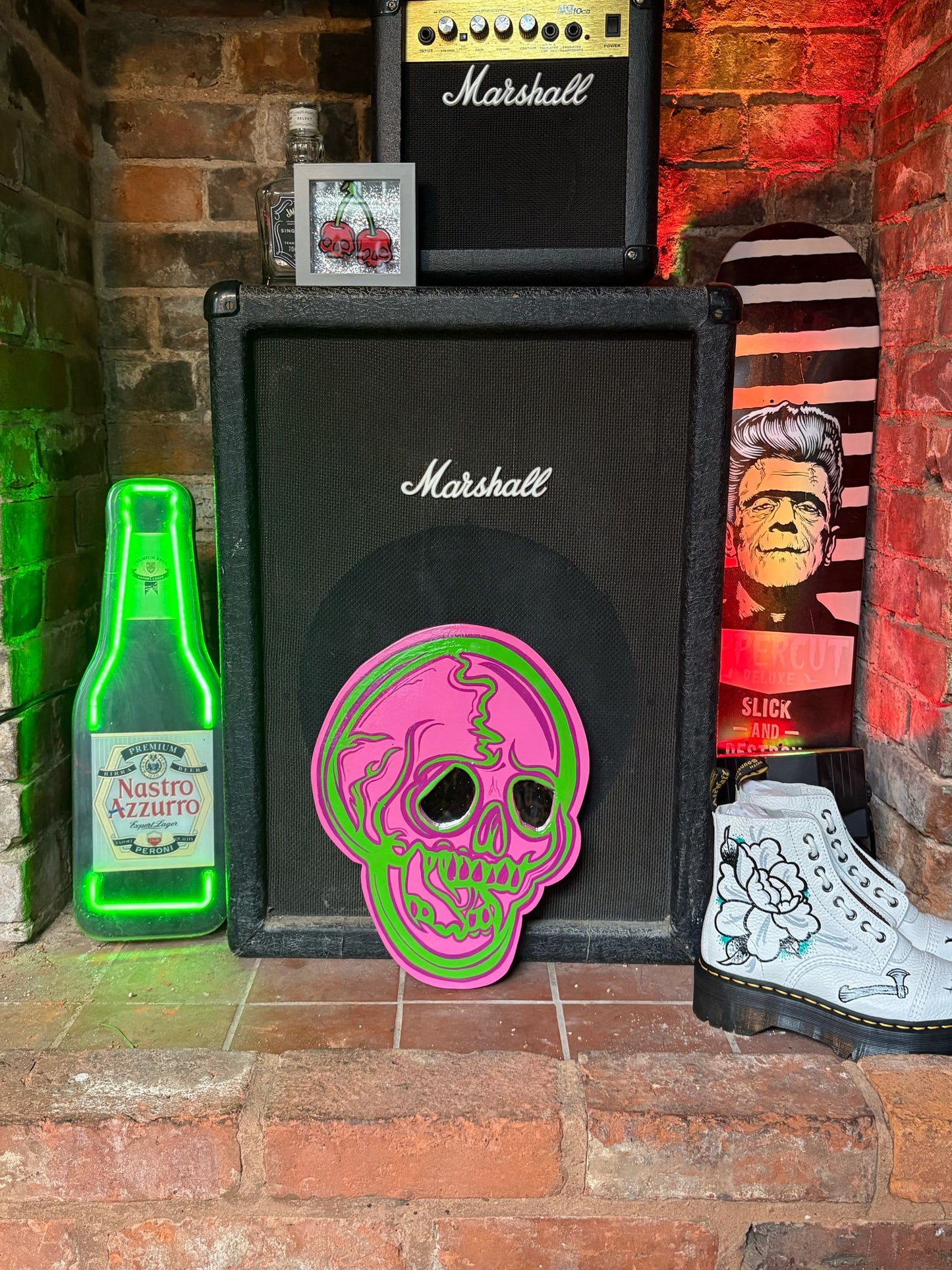 Hand Painted Old School Neon Skull Hanger