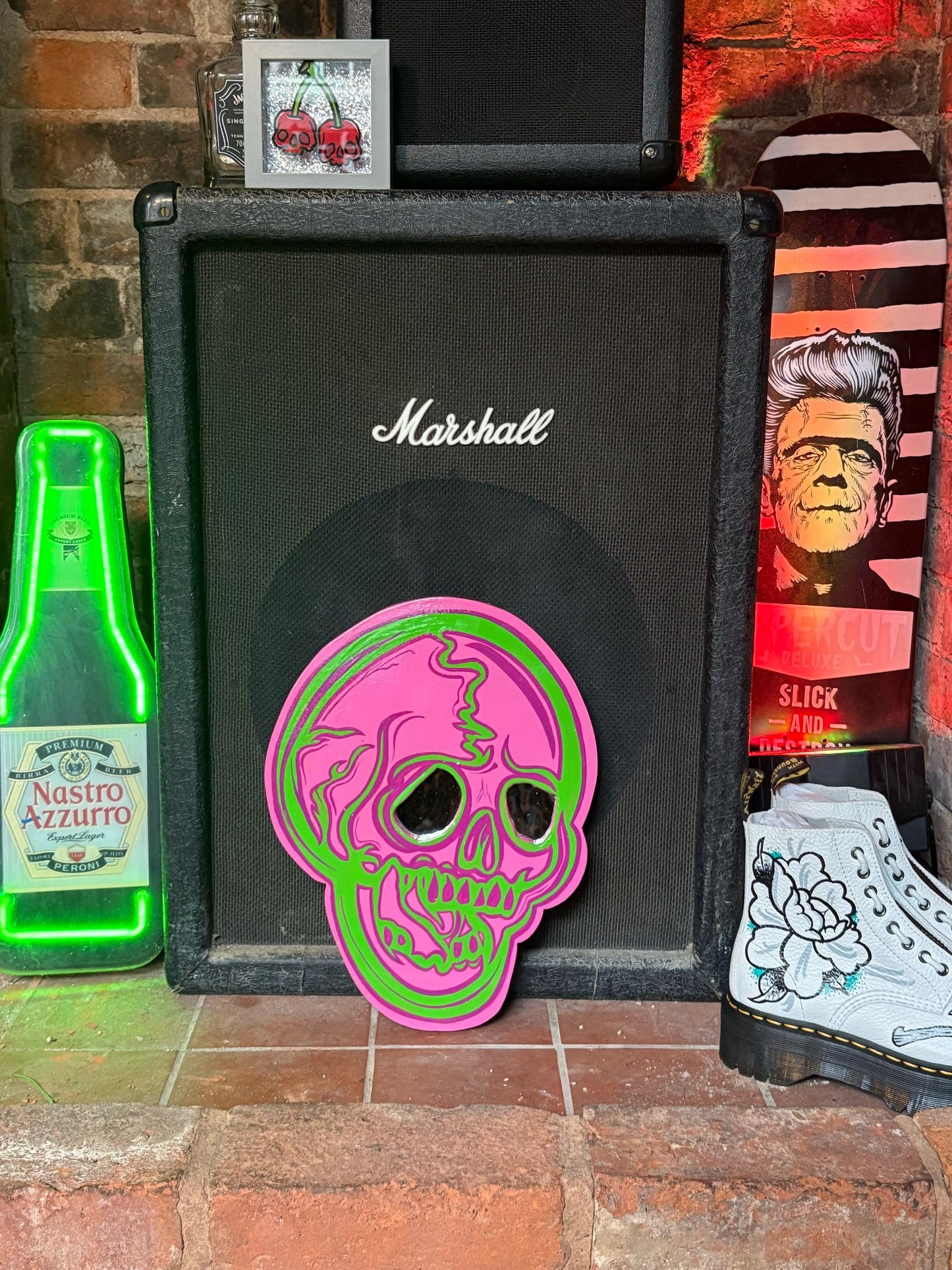 Hand Painted Old School Neon Skull Hanger
