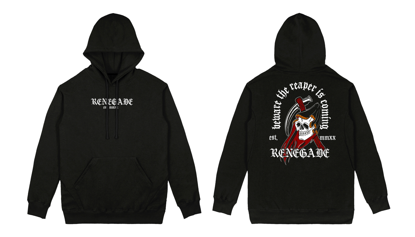 The Reaper heavyweight graphic hoodie with traditional tattoo-flash front and back prints