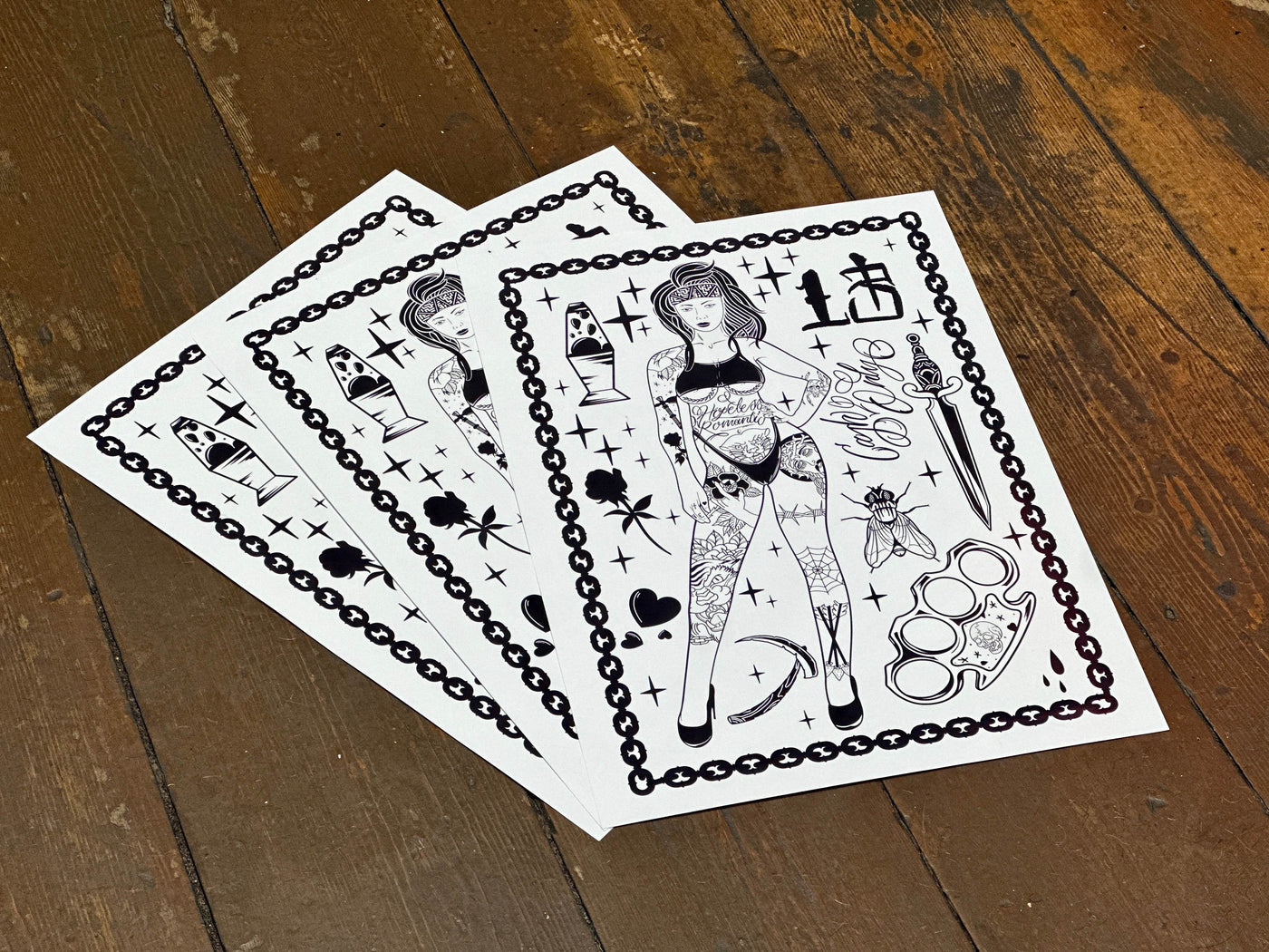 A3 Blackwork Trouble tattoo-flash poster print with original hand-drawn artwork