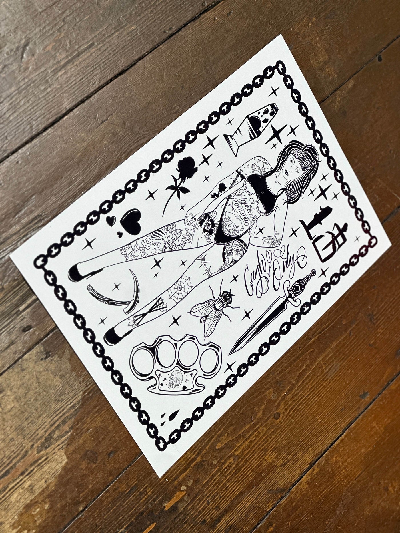 Blackwork Trouble A3 print — linework detail, Original Renegade