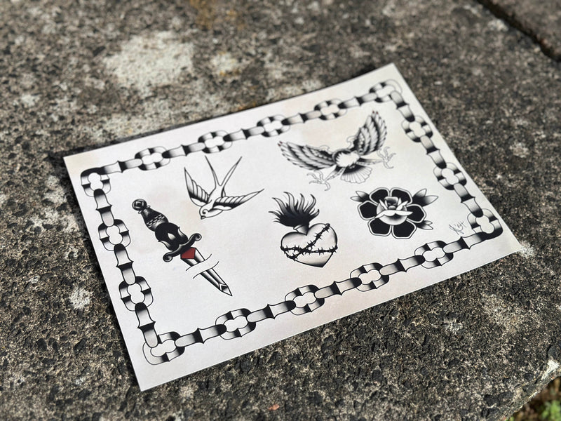 Traditional tattoo flash sheet print - Original Renegade