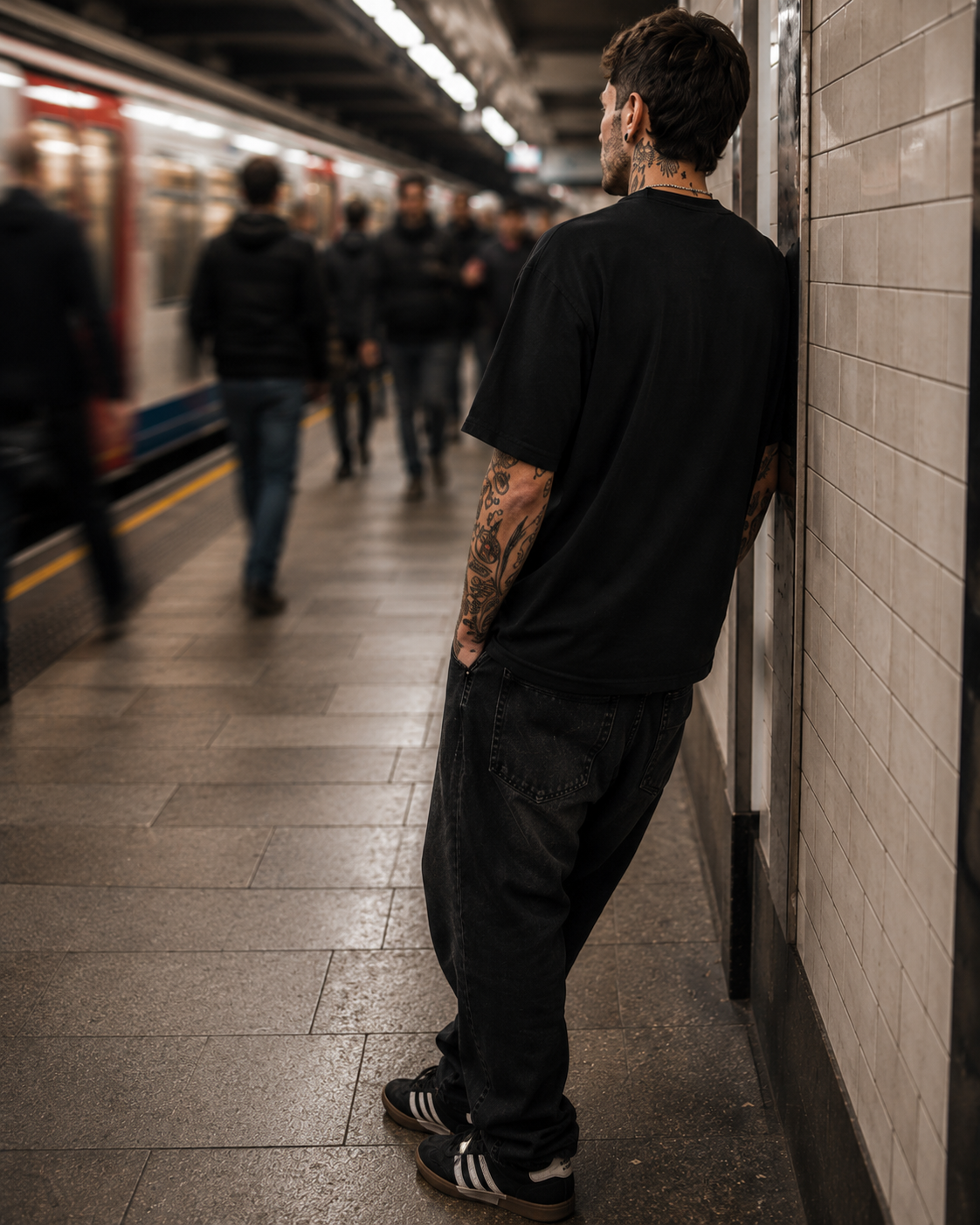 Get Your Own black graphic tee blank back tube station model shot - Original Renegade