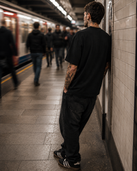 Get Your Own black graphic tee blank back tube station model shot - Original Renegade