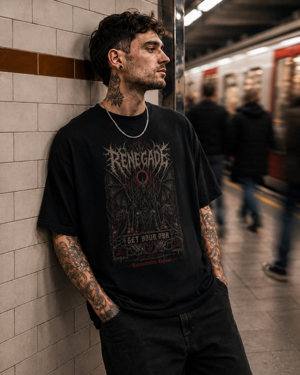 Get Your Own black graphic tee front print close view in tube station - Original Renegade