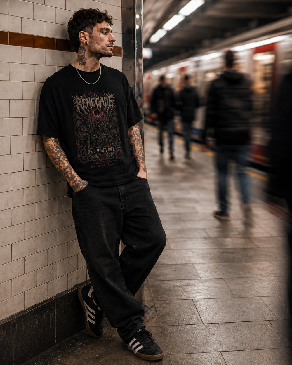 Get Your Own gothcore graphic tee front lean tube station model shot - Original Renegade