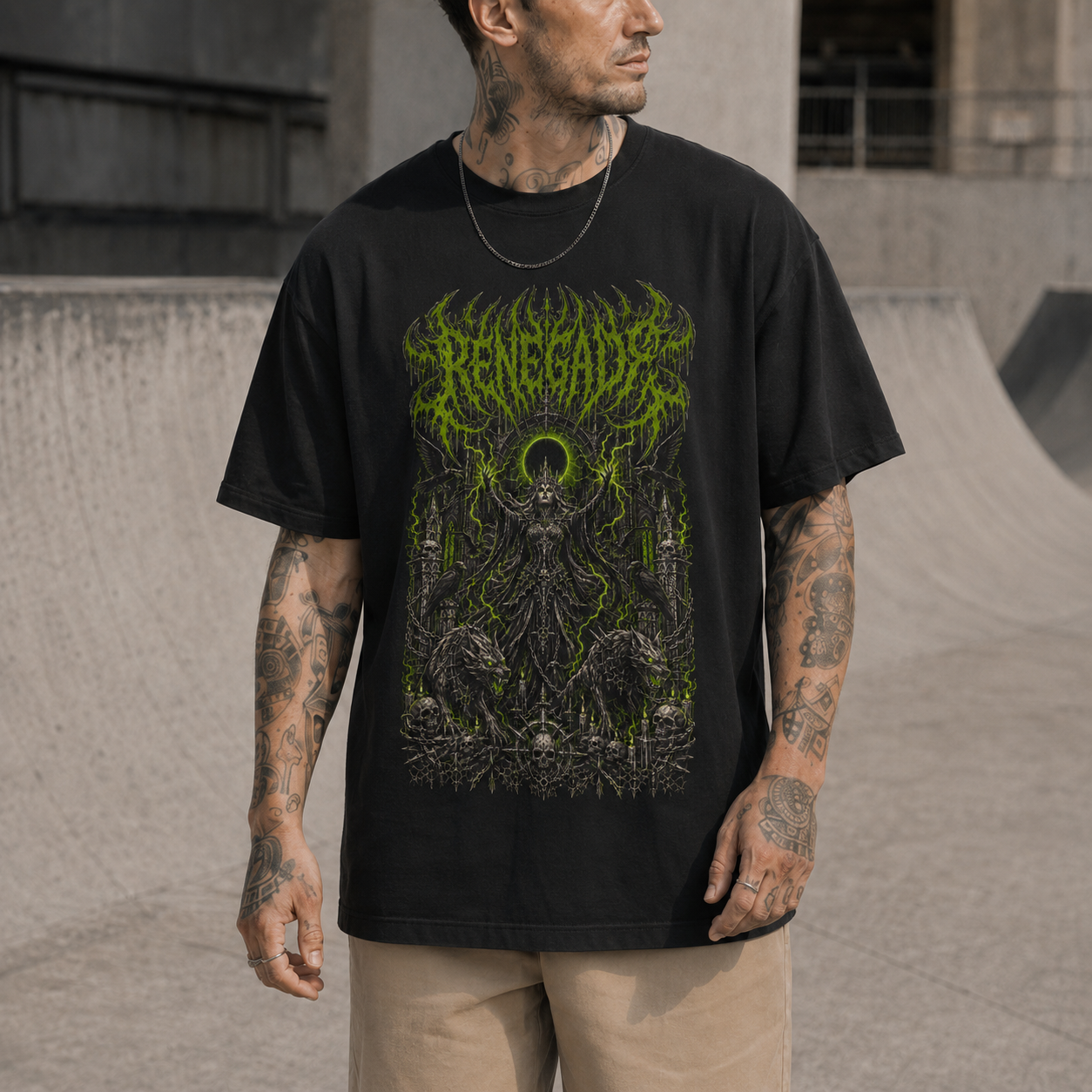 Close-up of Gothcore Cathedral graphic tee with centered A3-sized acid green front print - Original Renegade