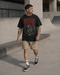 Black Renegade dragon graphic tee front walk lifestyle shot