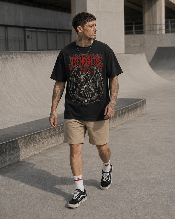 Black Renegade dragon graphic tee front walk lifestyle shot