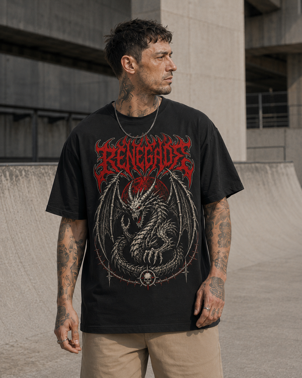 Black Renegade dragon graphic tee front portrait detail shot