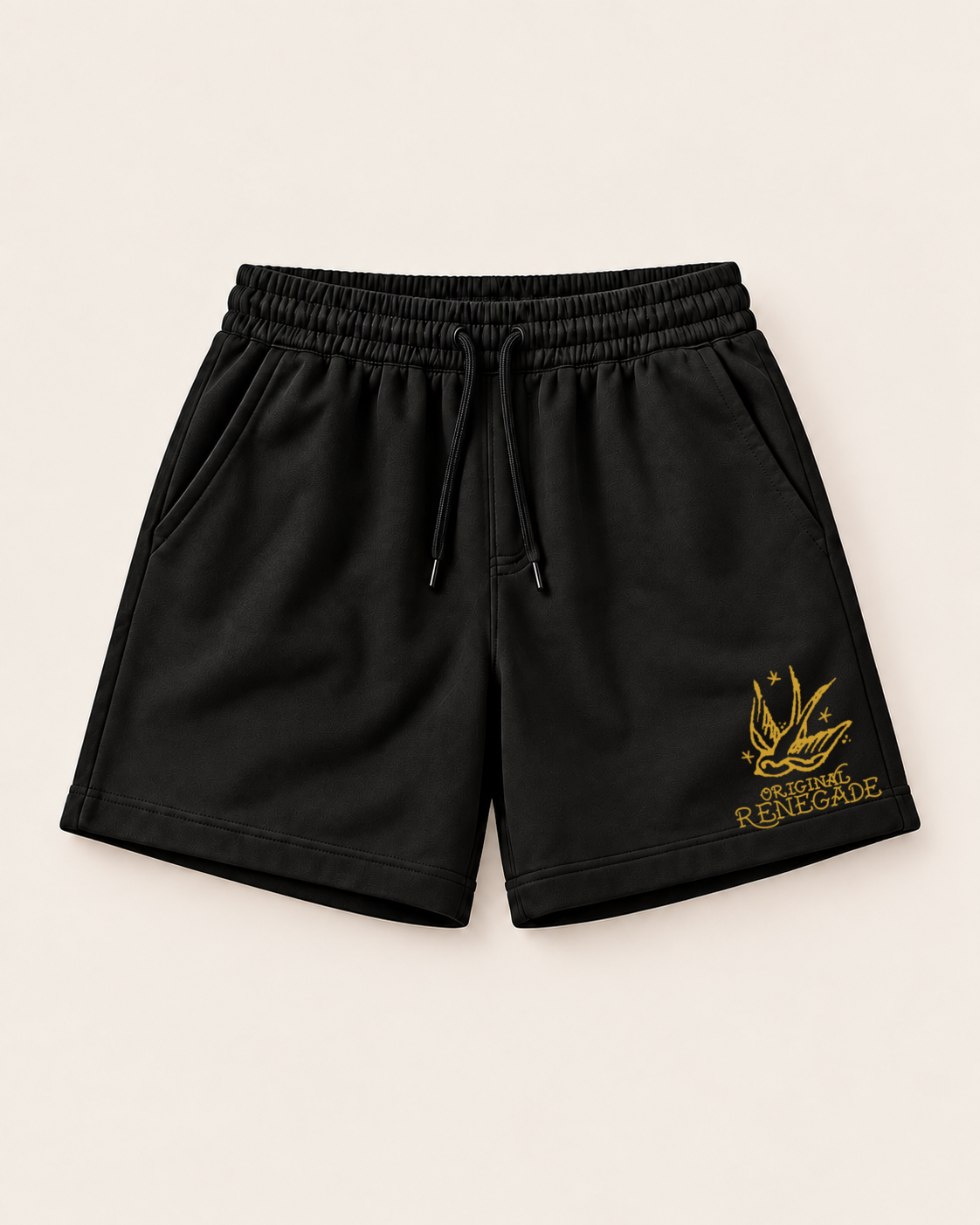 Original Renegade Swallow black relaxed fit shorts with mustard print, front view