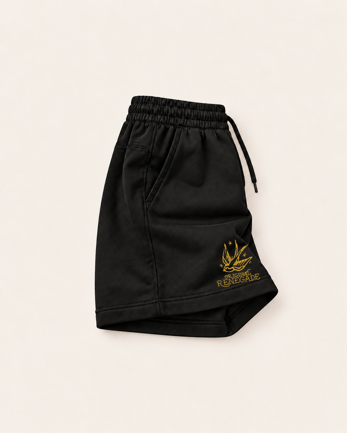 Black relaxed fit swallow shorts with mustard hem line print, right side view