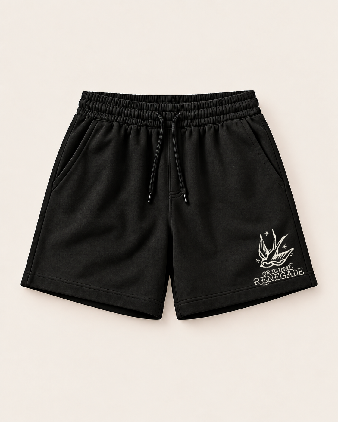 Original Renegade Swallow black relaxed fit shorts with off-white print, front view