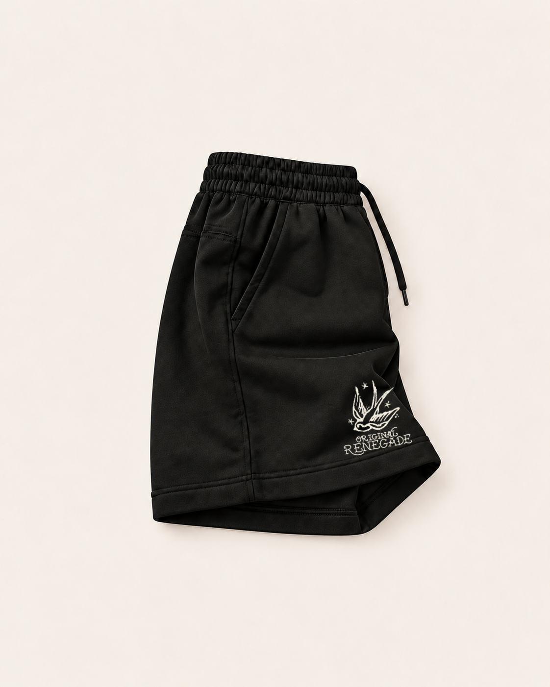 Black relaxed fit swallow shorts with off-white hem line print, right side view