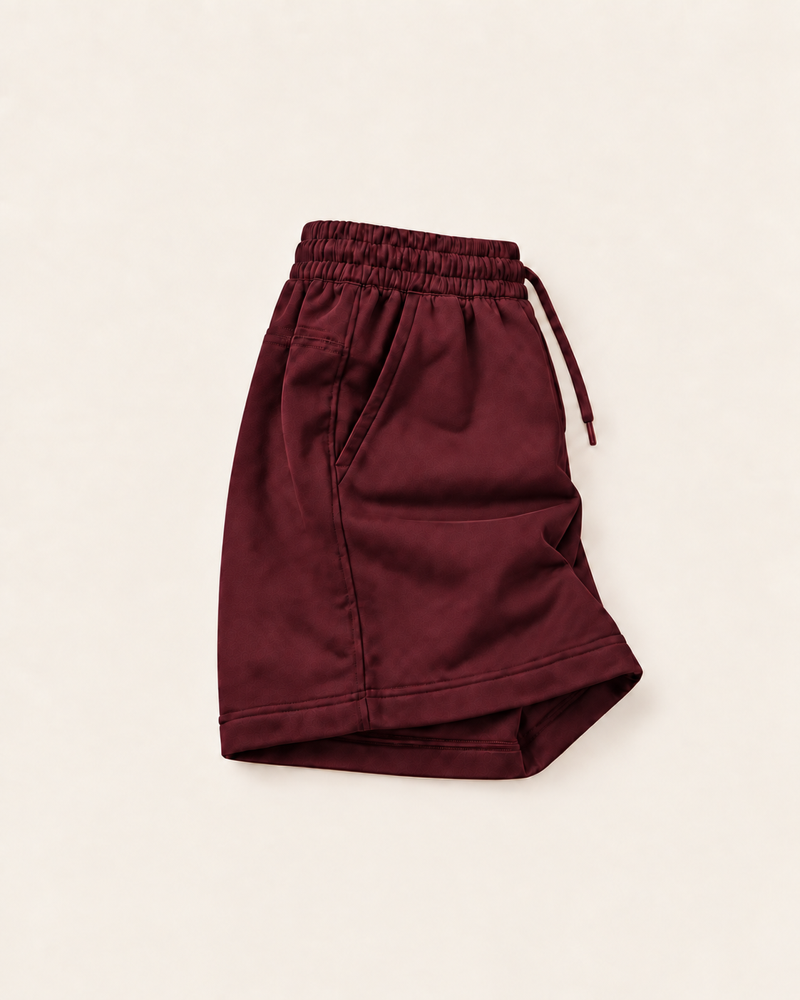 Maroon relaxed fit shorts, unprinted opposite side view for mustard print
