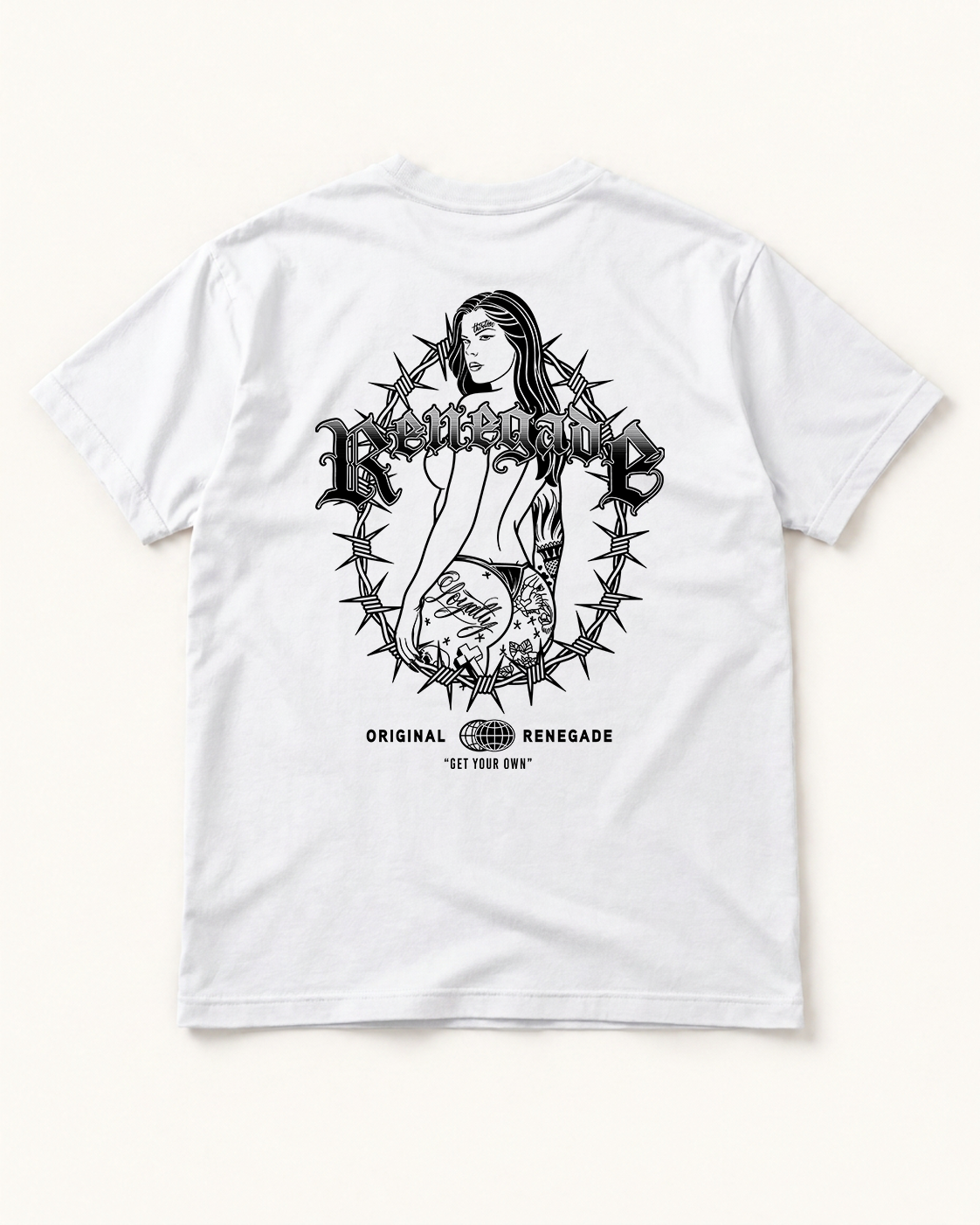 Trouble Tattoo Graphic Tee, flat lay back view with black Trouble artwork.