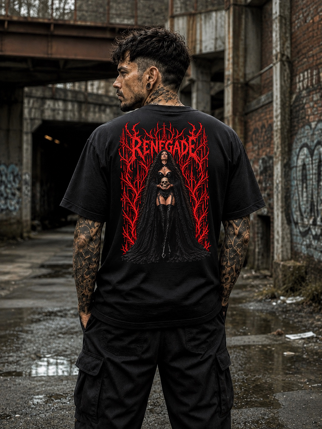 Blood Rite Gothcore Graphic Tee in black — approved male model close back view