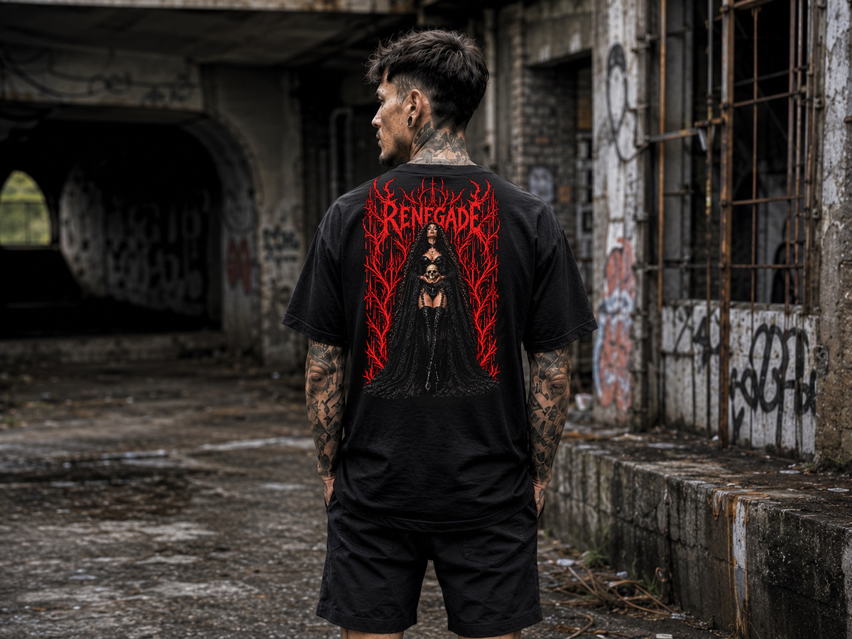 Blood Rite Gothcore Graphic Tee in black — approved male model full back view