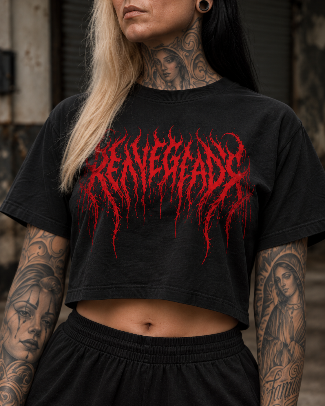 Close-up of the red Renegade front print on the Original Renegade Blood Rite Gothcore Crop Tee