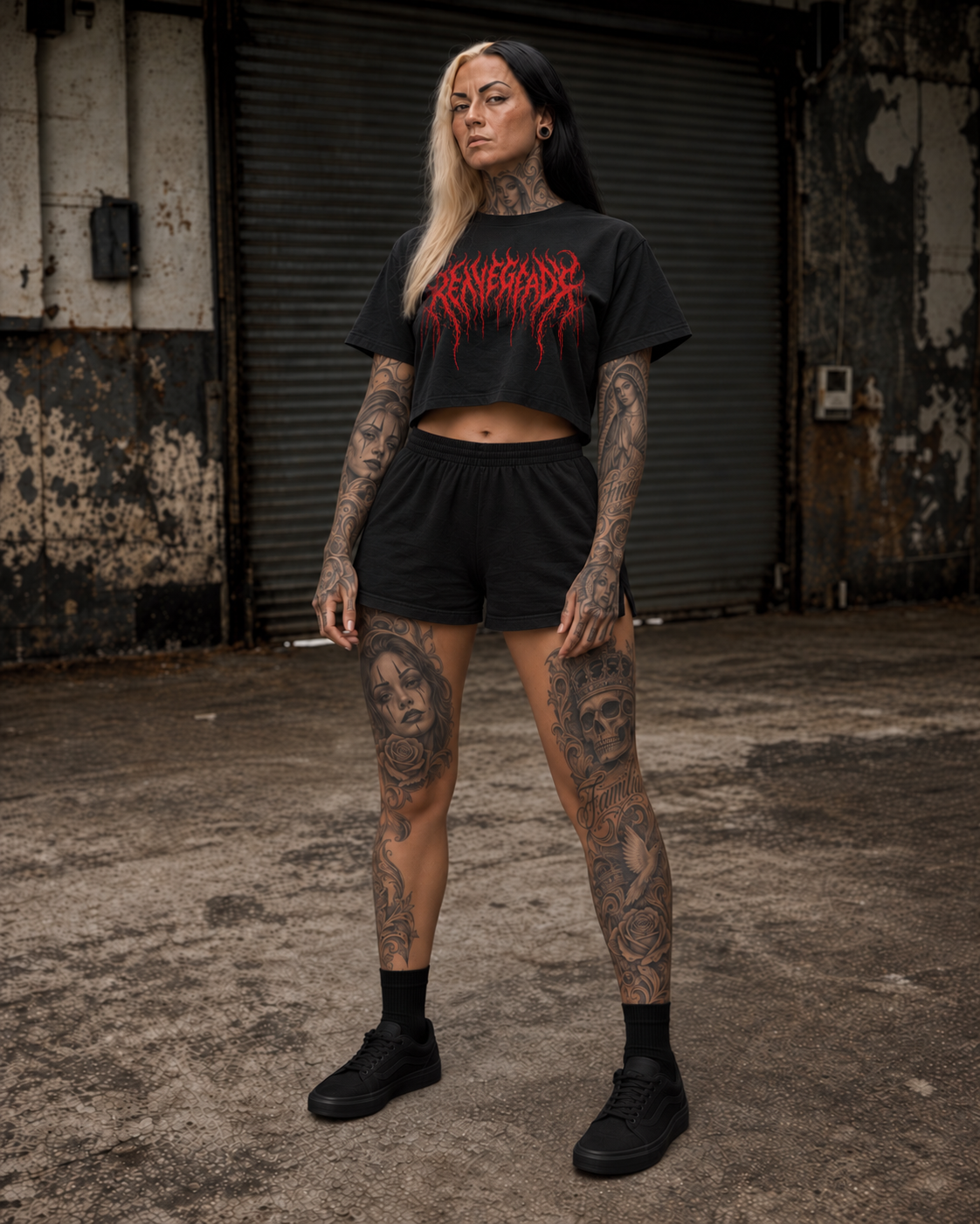 Original Renegade Blood Rite Gothcore Crop Tee front view with red Renegade chest logo in a derelict industrial unit