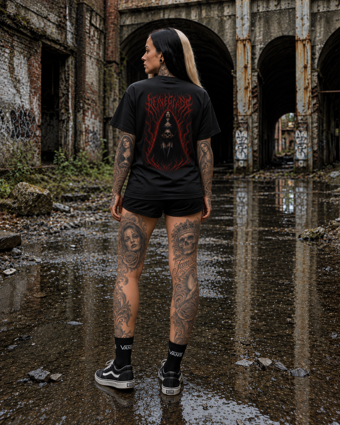 Original Renegade Blood Rite gothcore black T-shirt female three-quarter back view with red gothic print among ruined industrial arches