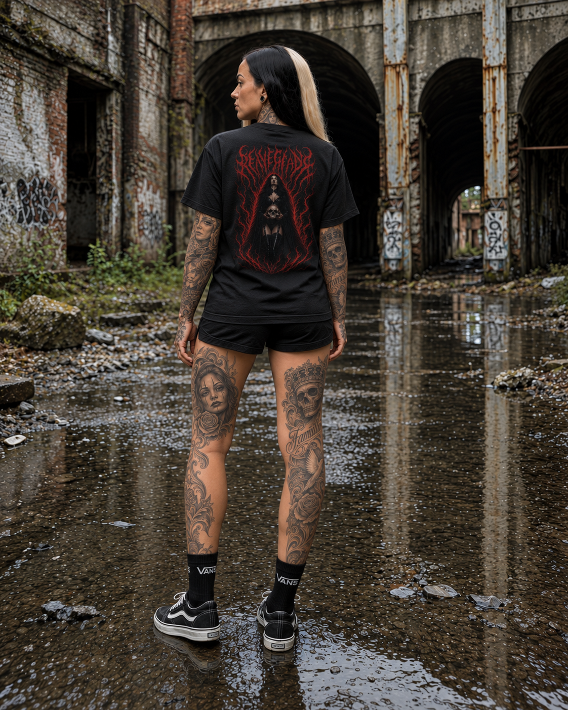 Original Renegade Blood Rite gothcore black T-shirt female back close view with large red gothic print in abandoned industrial ruins