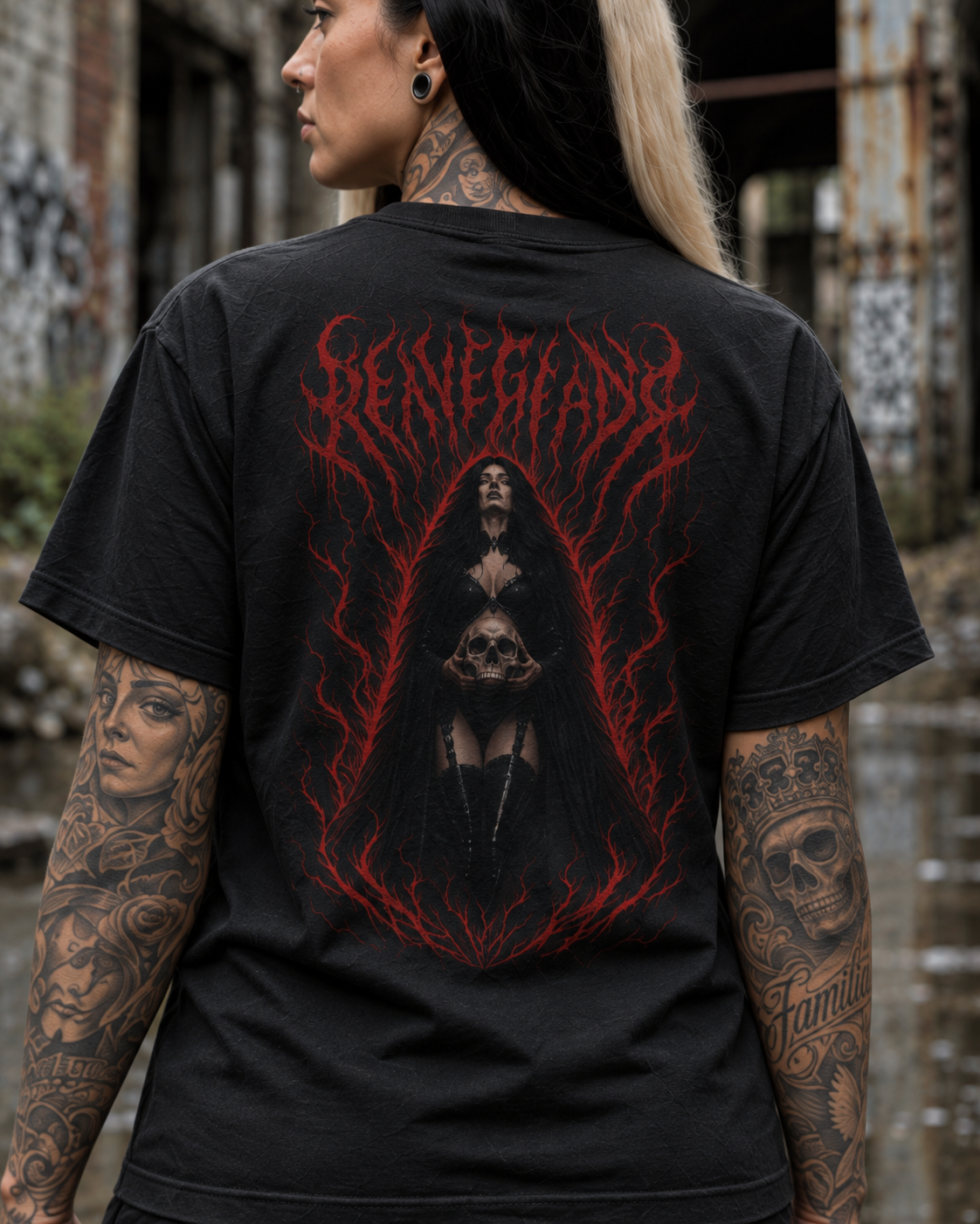 Original Renegade Blood Rite gothcore black T-shirt female close-up back view showing the red gothic back print in industrial ruins