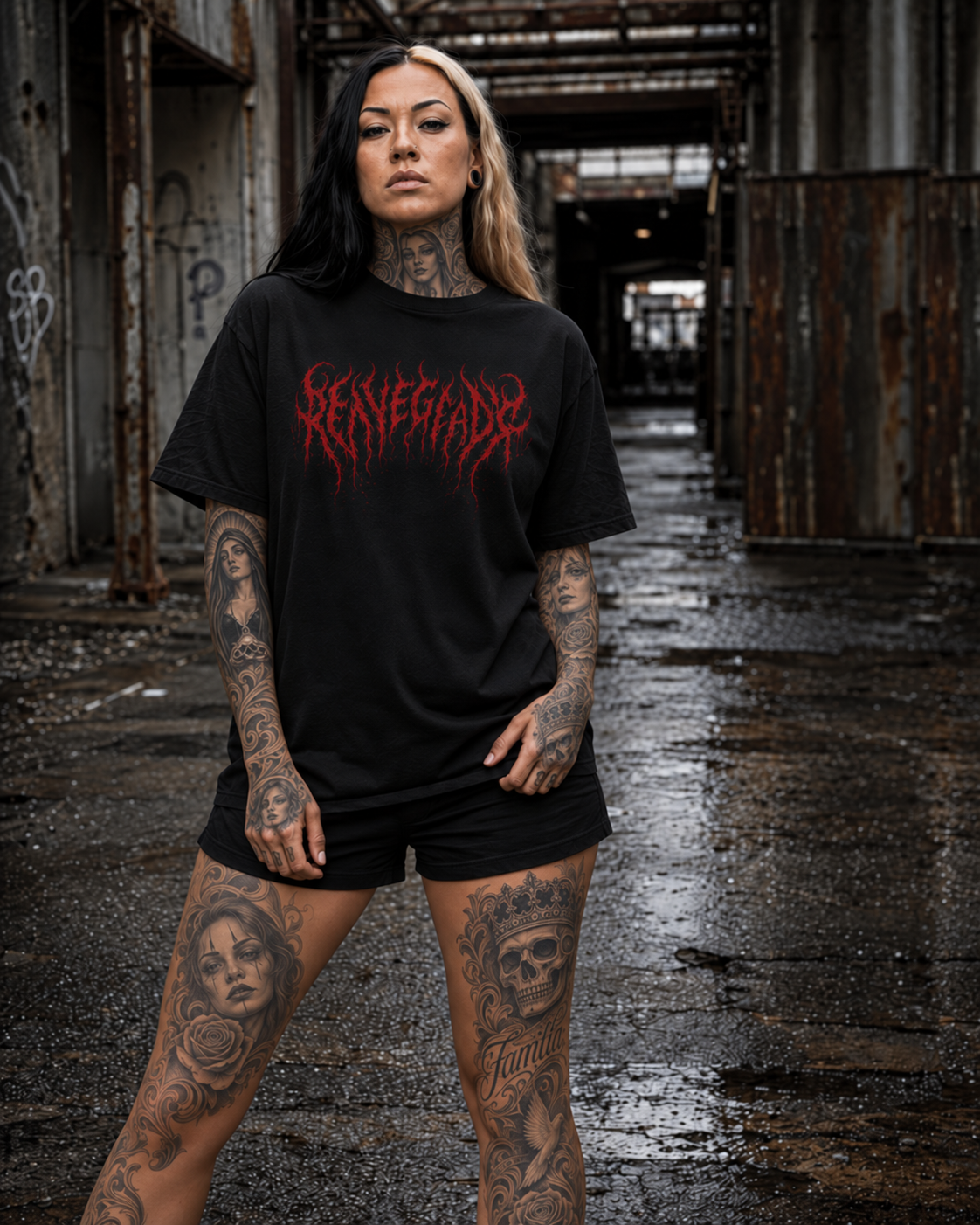 Original Renegade Blood Rite gothcore black T-shirt female full back view with red gothic back print in a rusted industrial corridor