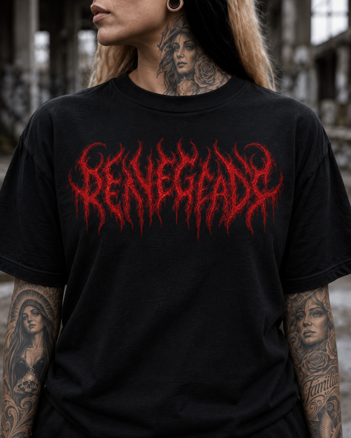 Original Renegade Blood Rite gothcore black T-shirt female close-up front view showing the red RENEGADE centre chest print