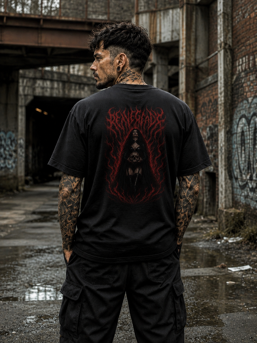 Original Renegade Blood Rite gothcore black graphic T-shirt male back view in abandoned industrial setting