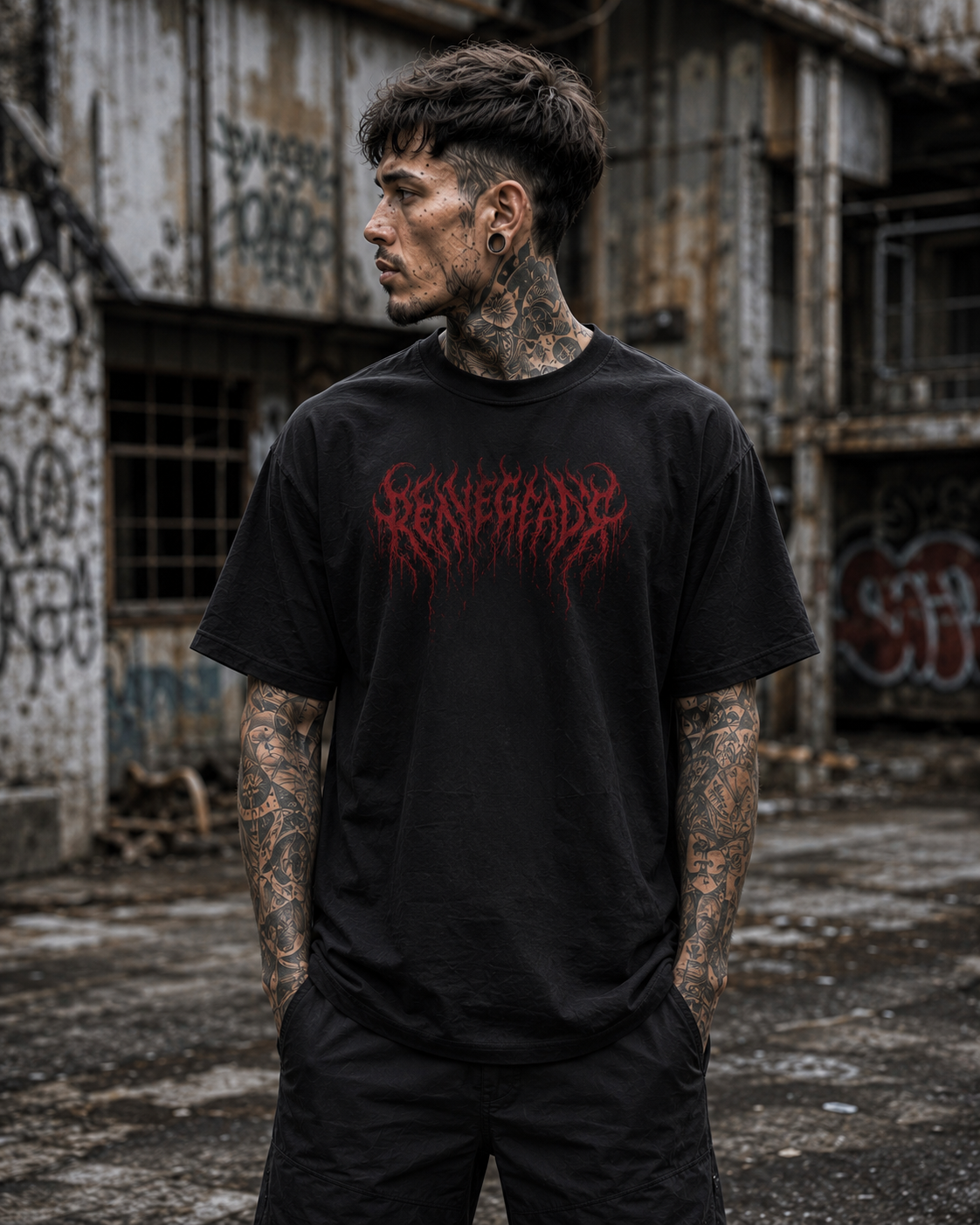 Original Renegade Blood Rite gothcore black T-shirt male front view with red RENEGADE centre chest print in abandoned industrial setting