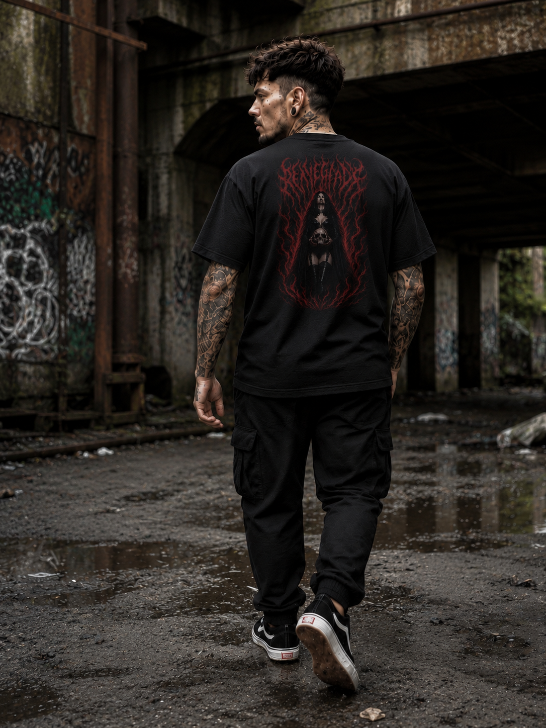 Original Renegade Blood Rite gothcore black graphic T-shirt male back view in abandoned urban factory