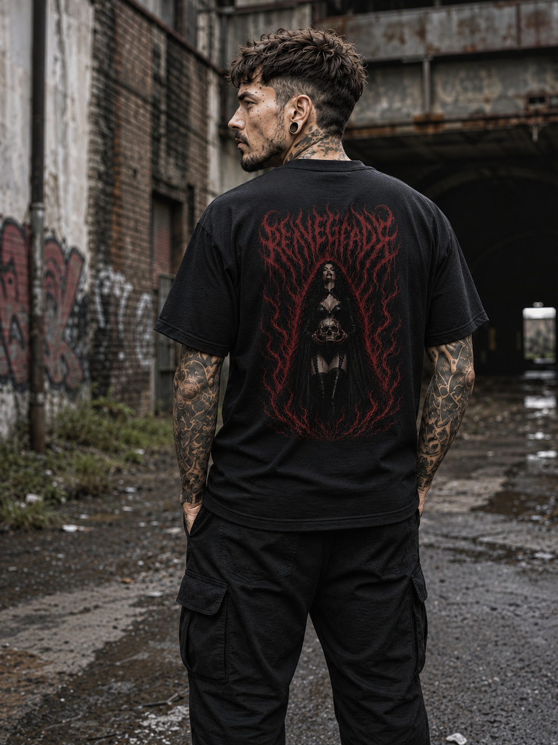 Original Renegade Blood Rite gothcore black graphic T-shirt male three-quarter back view in abandoned industrial yard