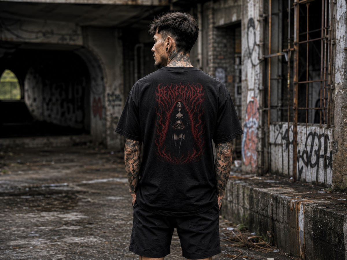 Original Renegade Blood Rite gothcore black graphic T-shirt male back view in disused graffiti industrial setting