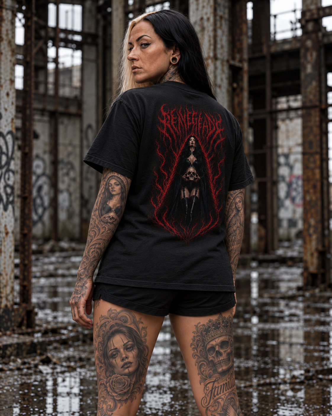 Blood Rite Gothcore Graphic Tee on W3 female model, close three-quarter back view with red ritual graphic in abandoned industrial ruins