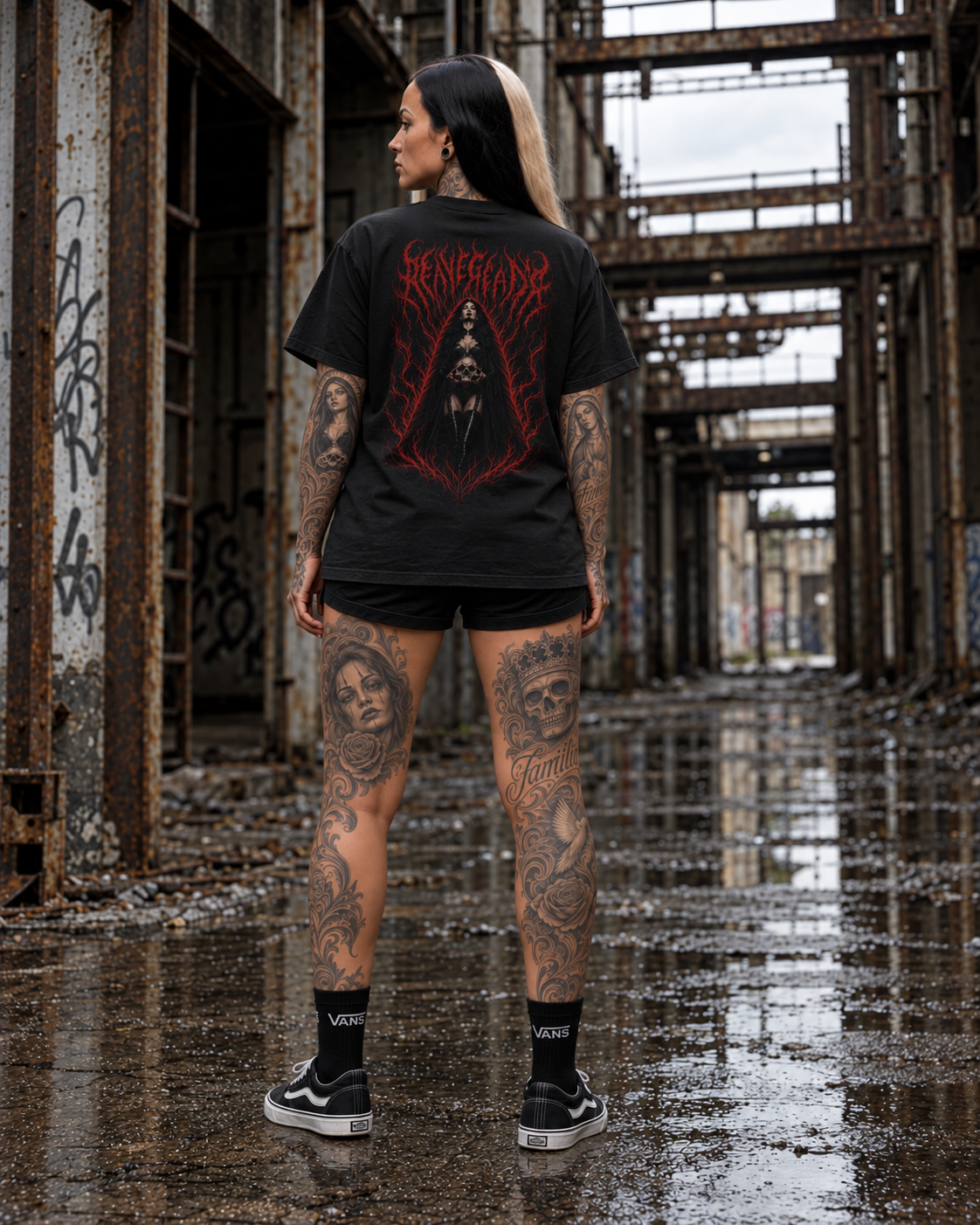 Blood Rite Gothcore Graphic Tee on W3 female model, full back view with red ritual graphic in abandoned industrial factory
