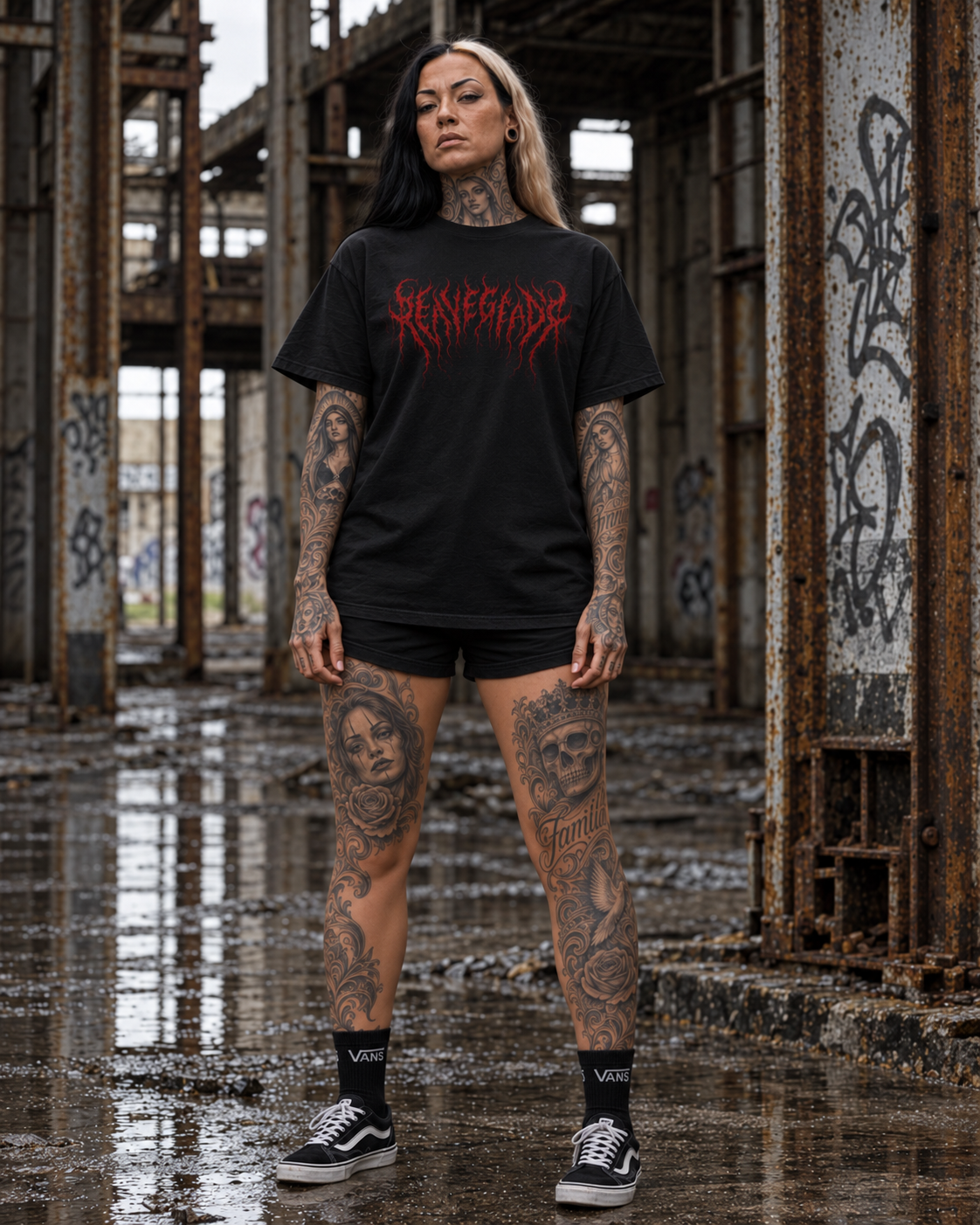 Blood Rite Gothcore Graphic Tee on W3 female model, full front view with red RENEGADE chest print in ruined industrial factory