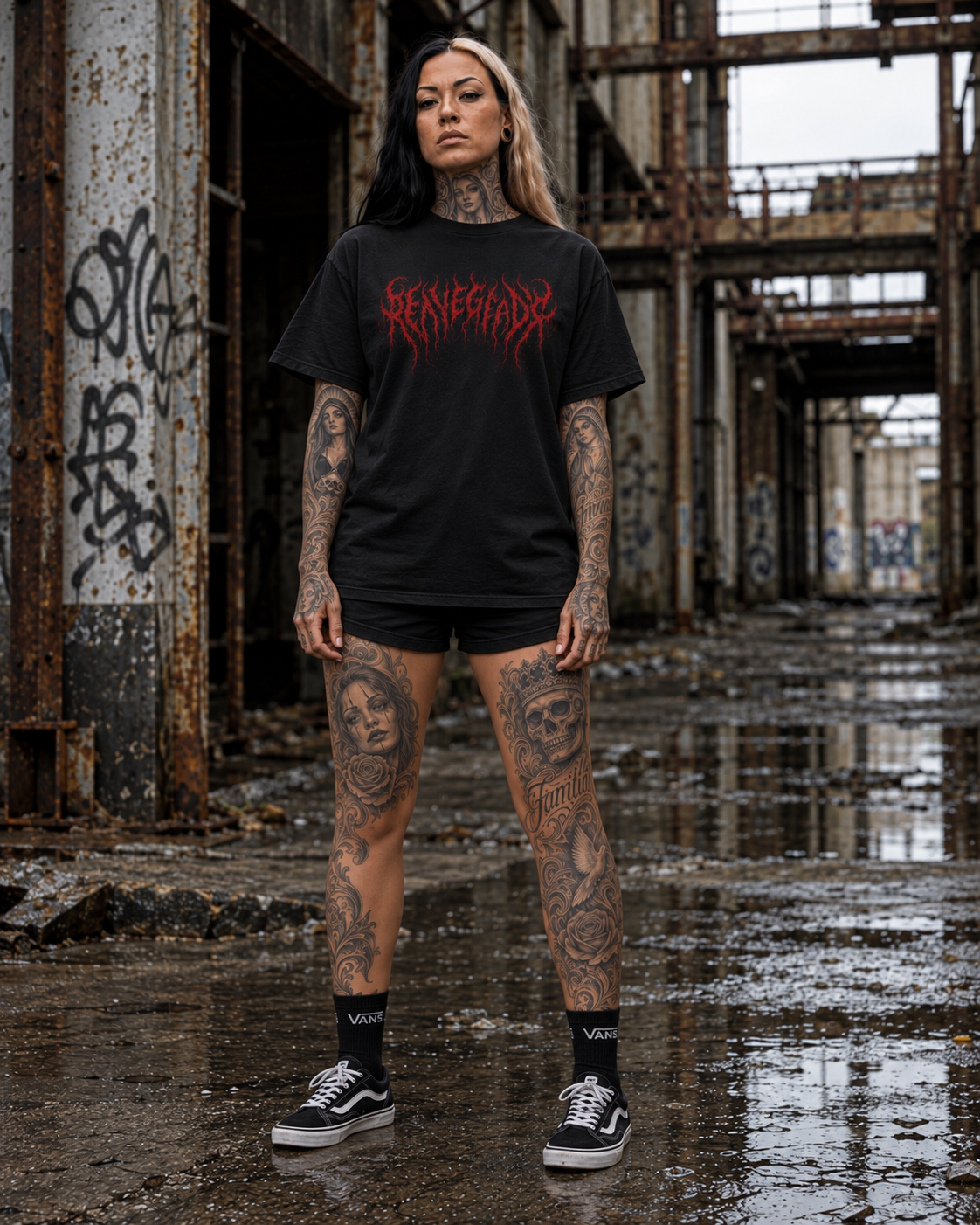 Blood Rite Gothcore Graphic Tee on W3 female model, front hero view with red RENEGADE chest print in wet abandoned industrial ruins