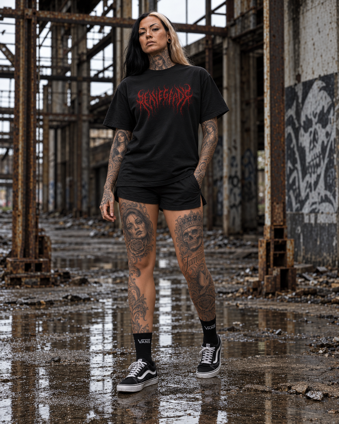 Blood Rite Gothcore Graphic Tee on W3 female model, three-quarter front view with red RENEGADE chest print in industrial ruins