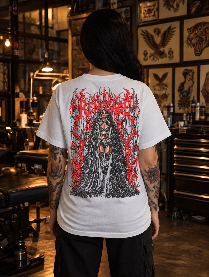 Blood Rite Gothcore Graphic Tee in white — approved female model full back view