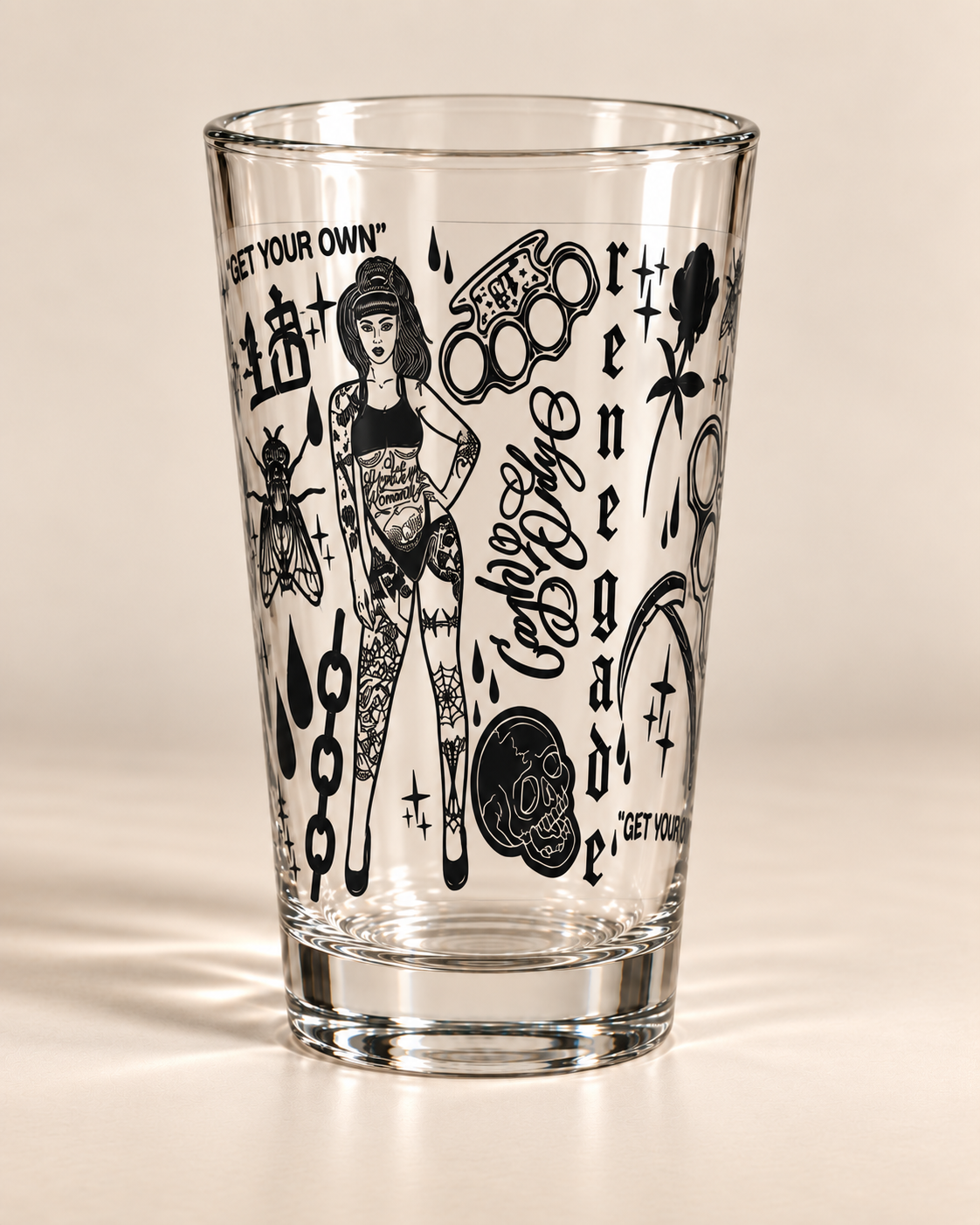 F**ck Luck pint glass — angled wrap view, Original Renegade
