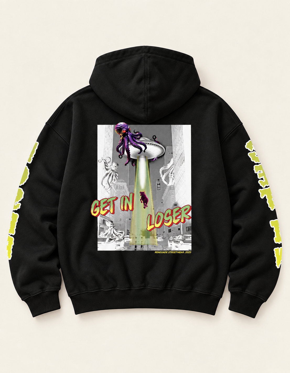 Get In Loser Hoodie black flat lay back view on cream background