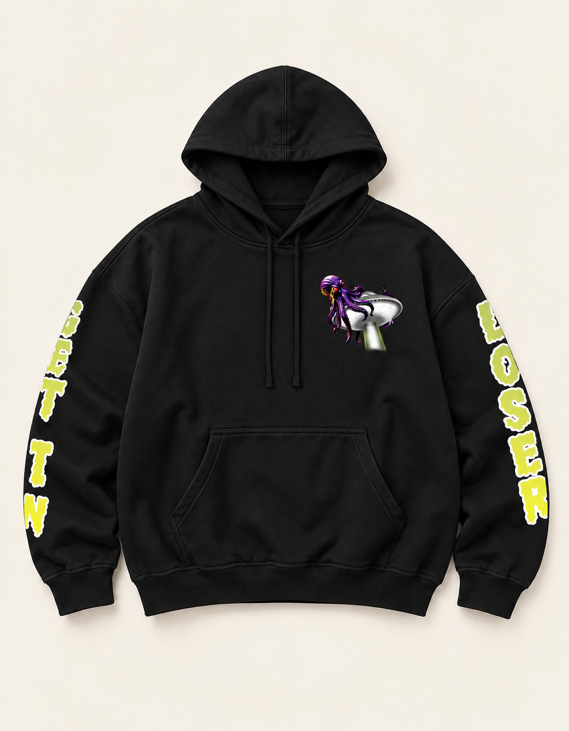 Get In Loser Hoodie black flat lay front view on cream background