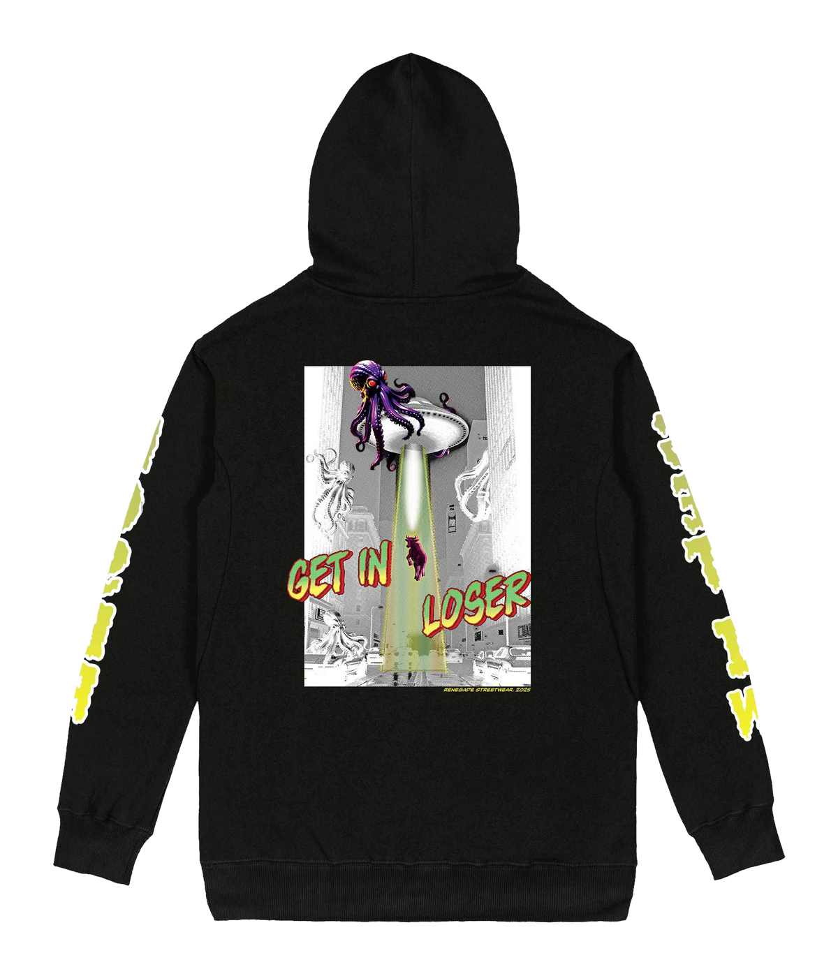 Get In Loser Hoodie cutout showing the black hoodie and graphic artwork.
